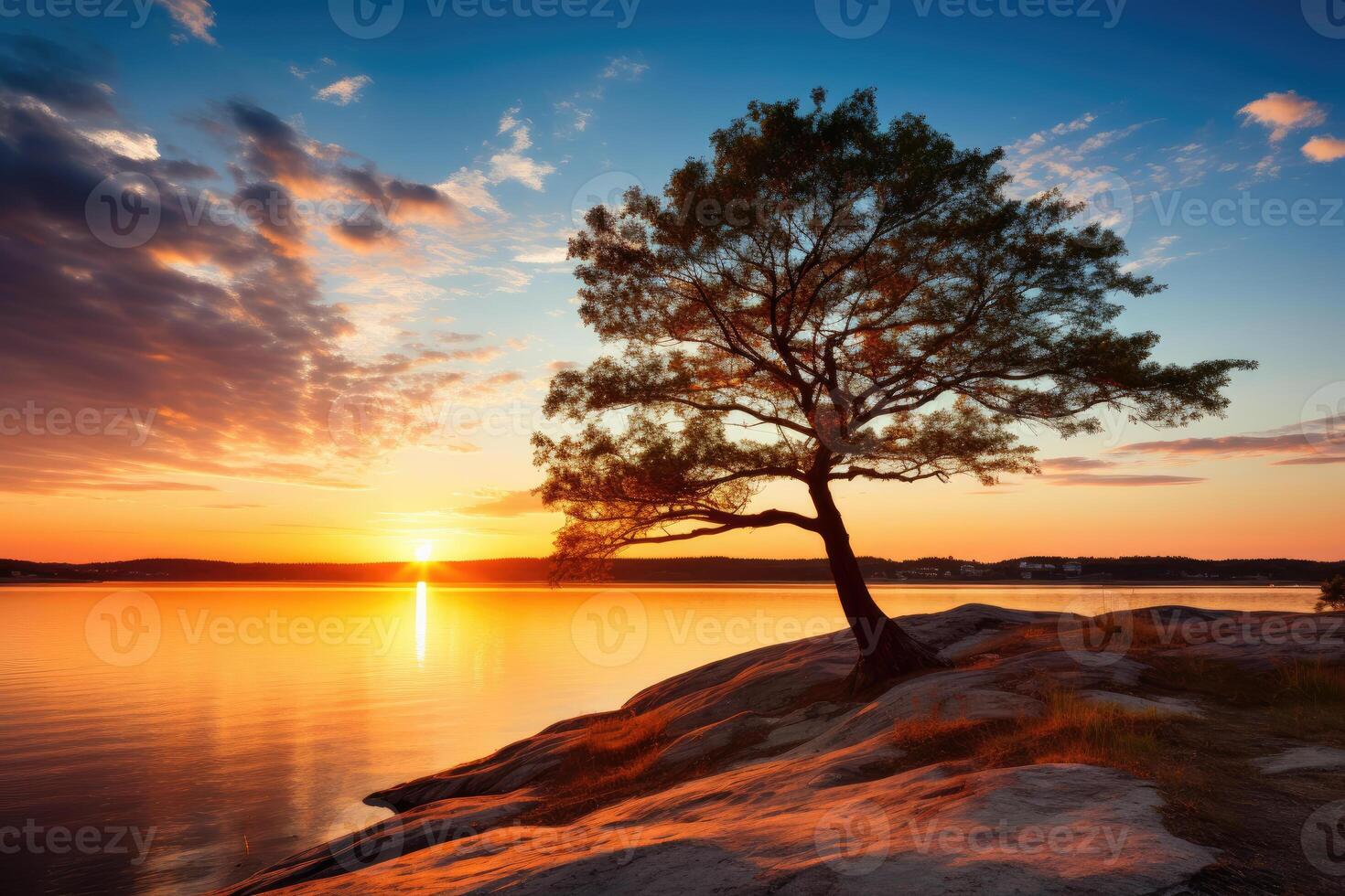 pine tree on a rocky shore at sunset. photo