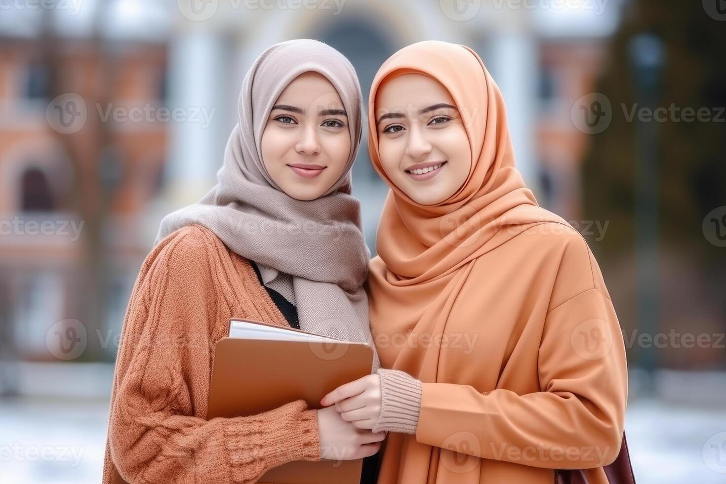 muslim student with book and friend in the city. Education concept. AI Generated photo