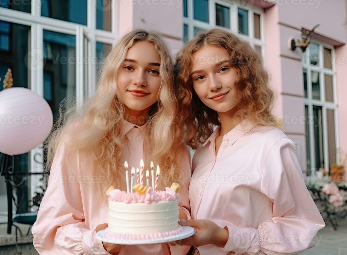 dos hermosa muchachas en rosado vestir con cumpleaños pastel en el antecedentes de el ciudad. ai generado foto