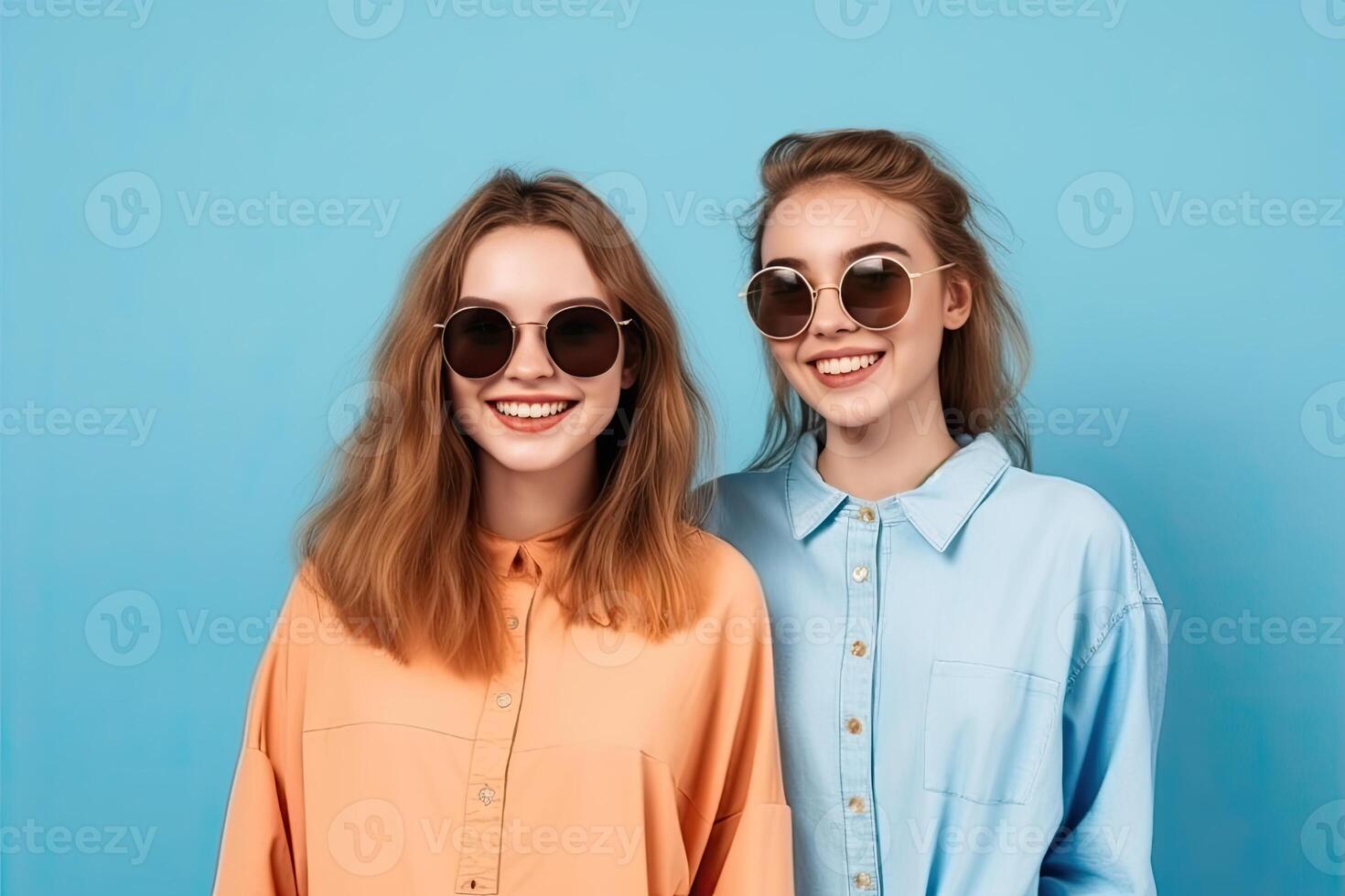 two smiling young women in sunglasses looking at camera isolated on blue background. photo