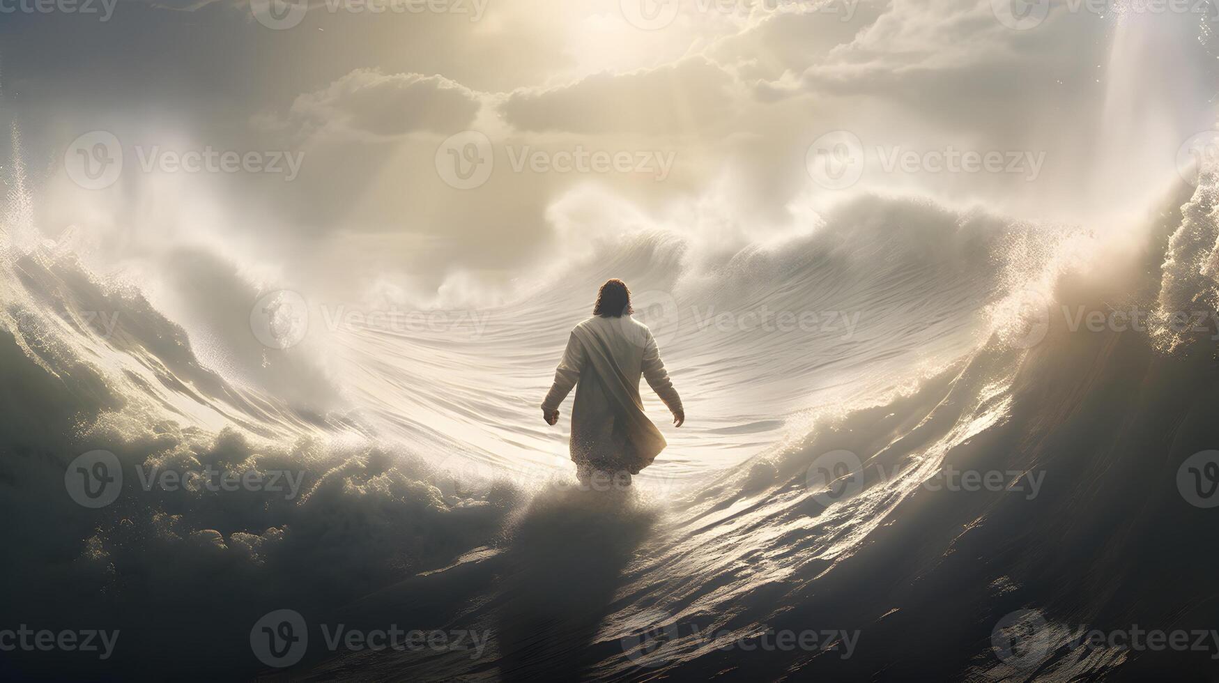 Jesus Christ walking on water. Storm with huge waves. AI generated photo