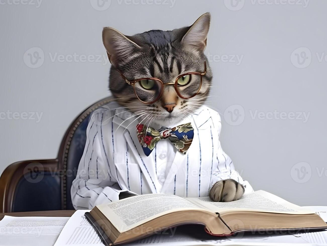 linda mascota gato con los anteojos y abrió libro. ai generado. foto