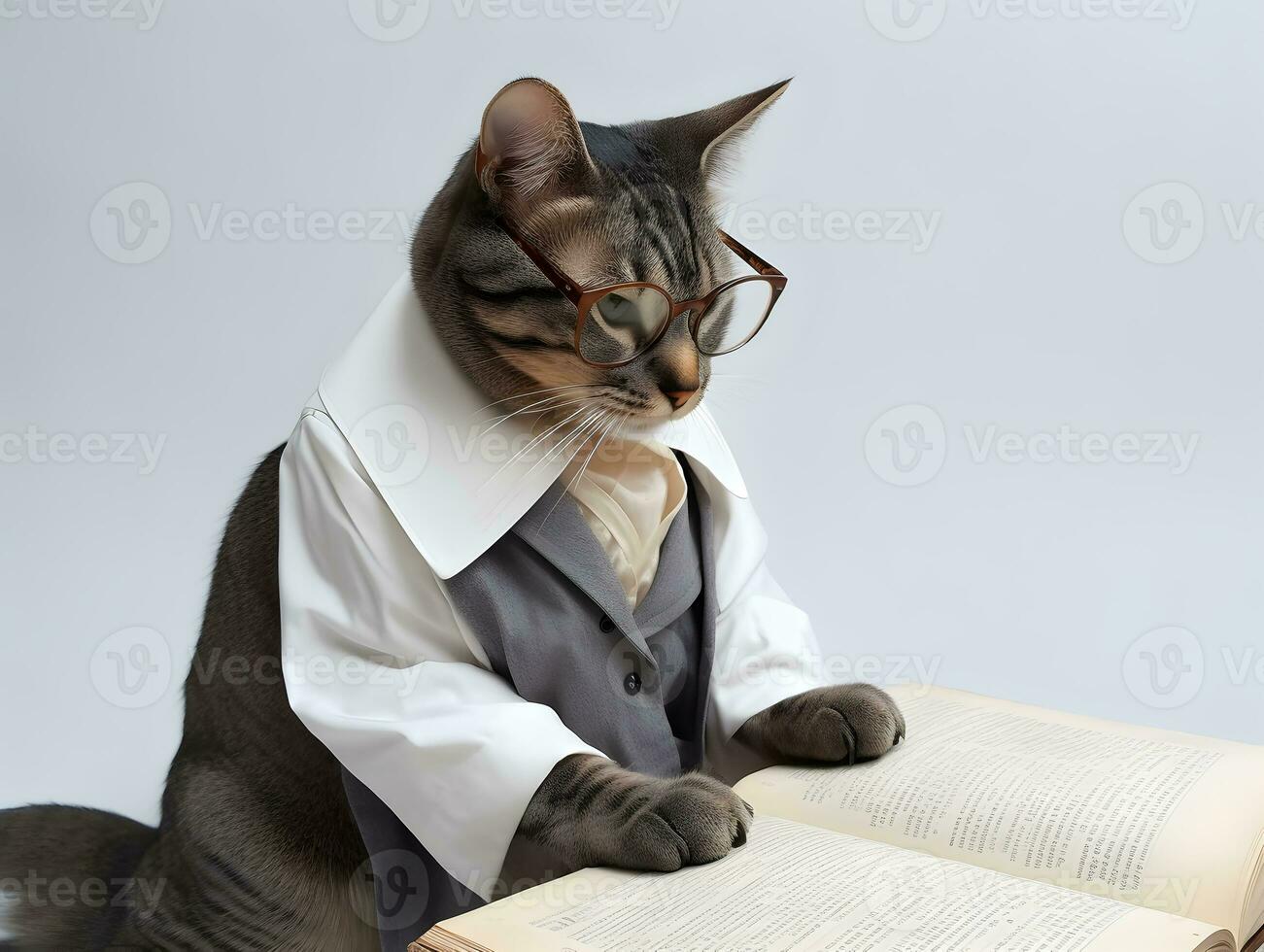 linda mascota gato con los anteojos y abrió libro. ai generado. foto