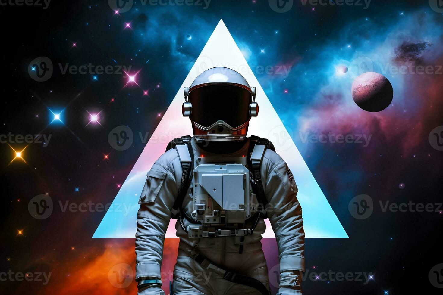 Spaceman or astronaut with triangular shape neon lights. AI generated. photo