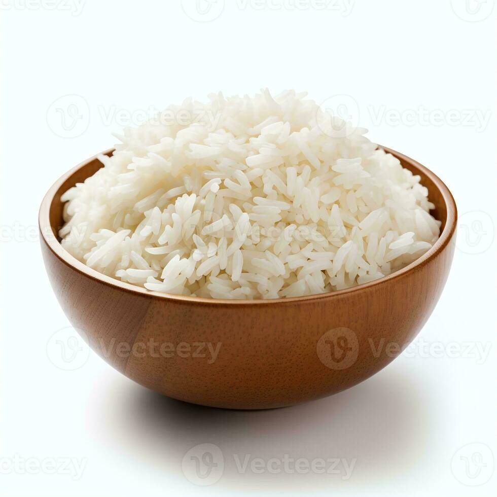 cuenco de sabroso cocido arroz en blanco antecedentes. ai generado foto