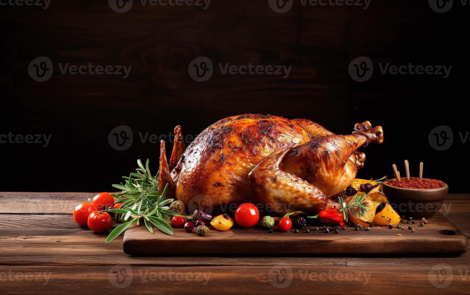 Roasted turkey with Christmas dinner vegetables on a plate. Perfect for Thanksgiving. photo