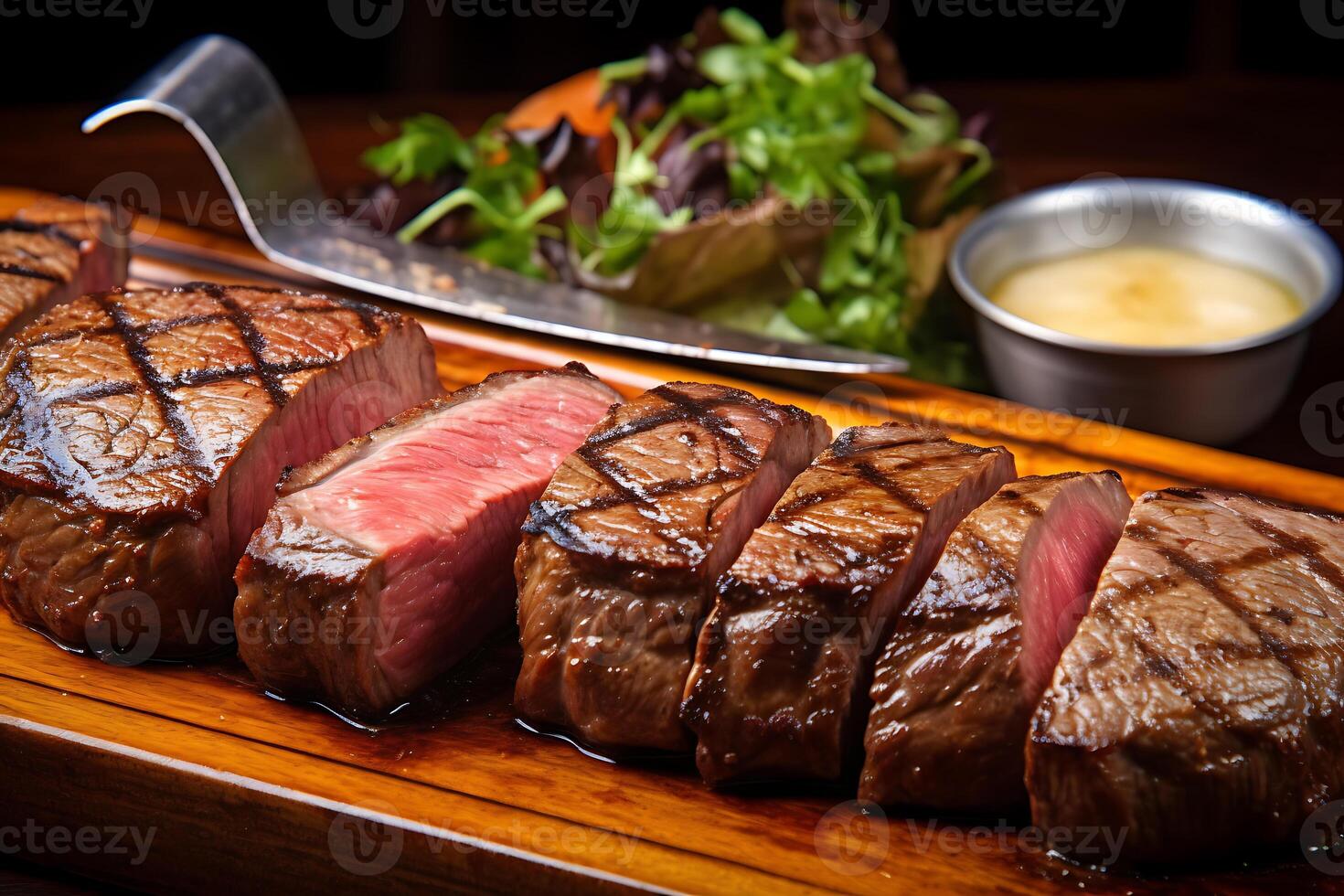 Juicy Ribeye Steak on Rustic Wooden Board. photo
