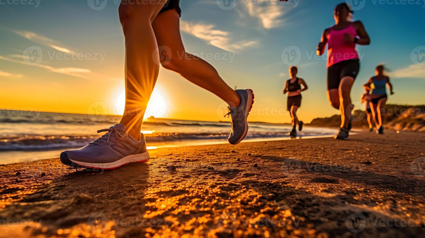 Close-up of a group of runners' legs running on a sunrise seaside trail. . photo