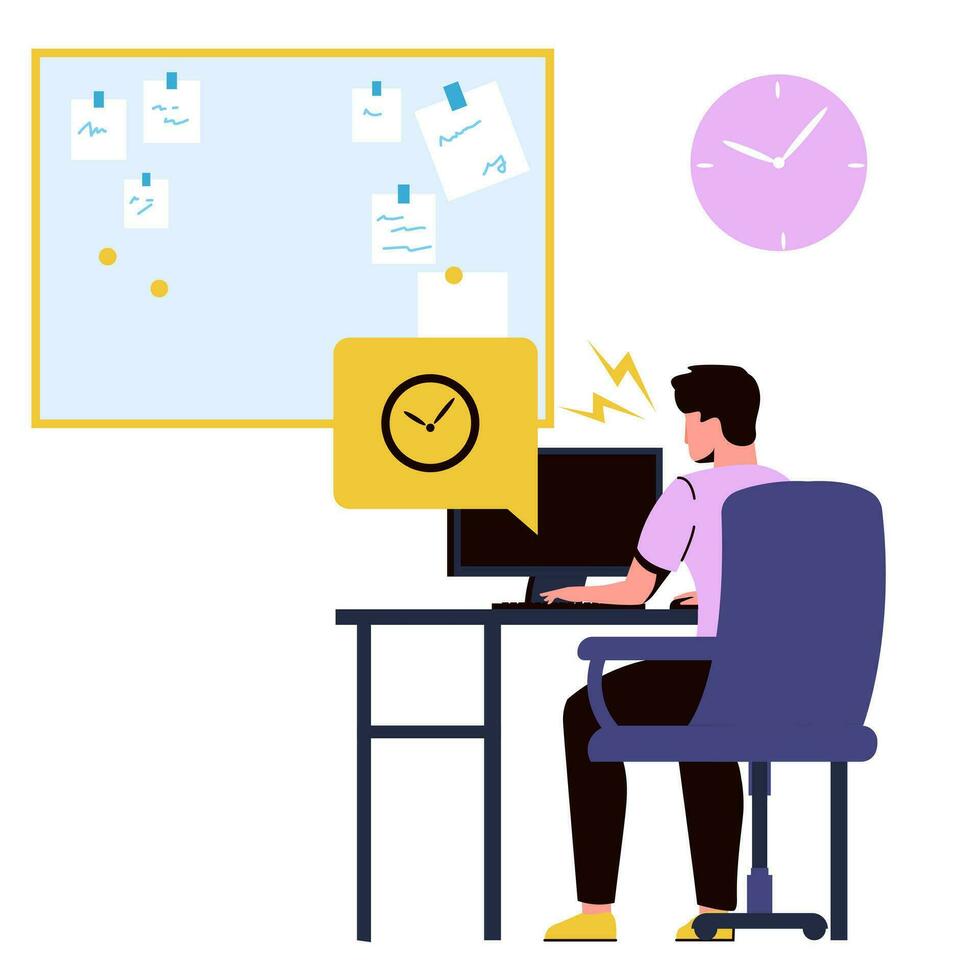 Man sitting at desk with computer and clock. Flat vector illustration for business and finance design concept