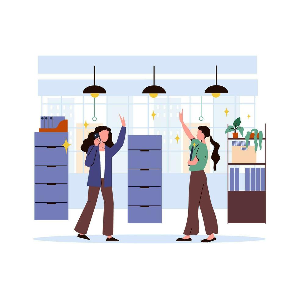 Two women employee meet at the office. businesswomen work together. Vector illustration in flat style