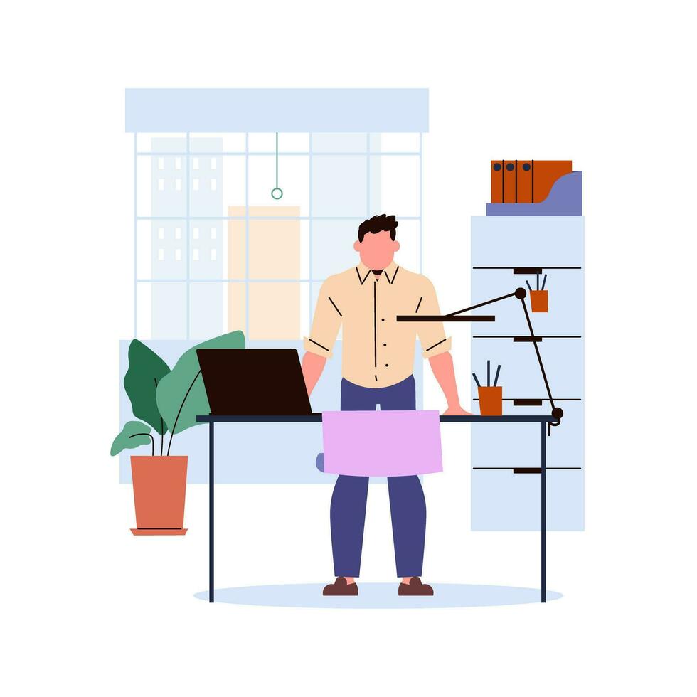 Man working in the office. Vector illustration in a flat style.