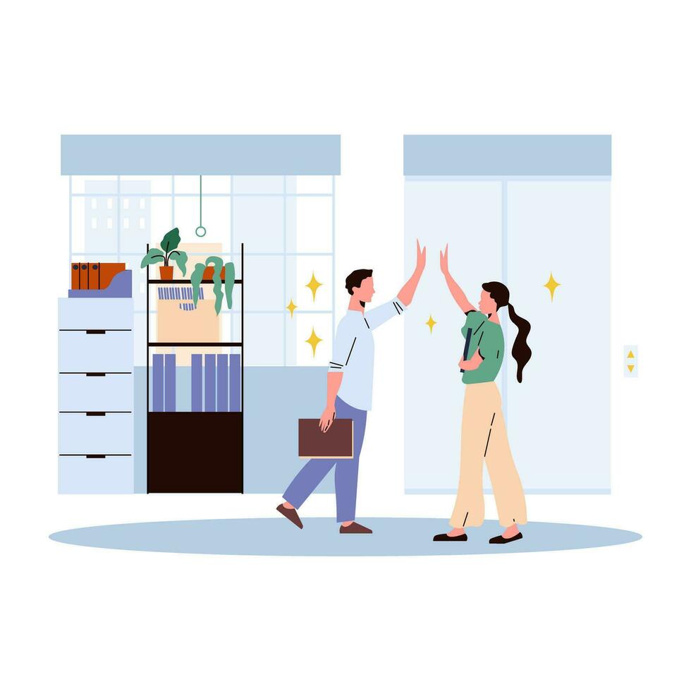 Man and woman greeting each other at office, flat vector illustration for business and finance design concept