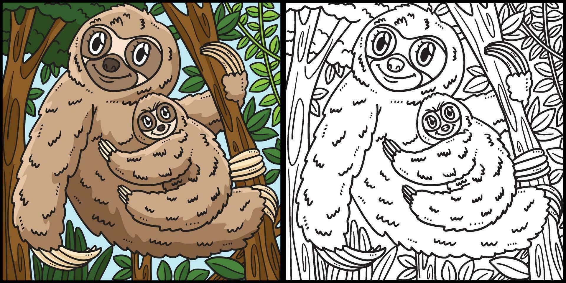 Mother Sloth and Baby Sloth Coloring Illustration vector