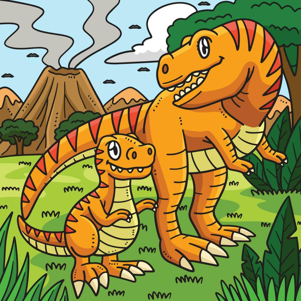 Mother T-Rex and Baby T-Rex Colored Cartoon vector