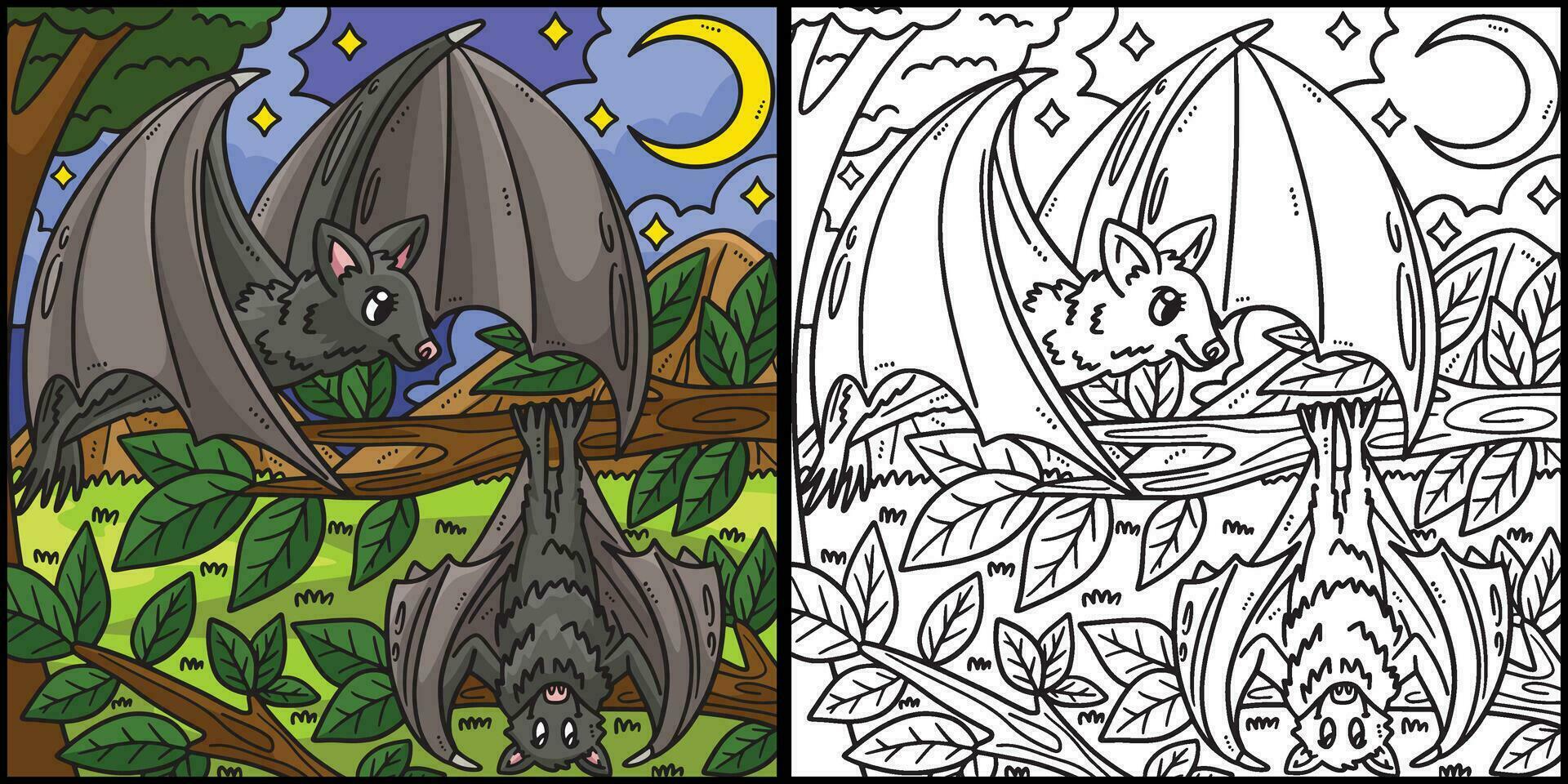 Mother Bat and Baby Bat Coloring Page Illustration vector