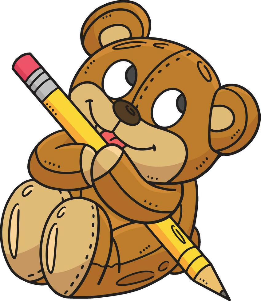 Teddy Bear with Pencil Cartoon Colored Clipart vector