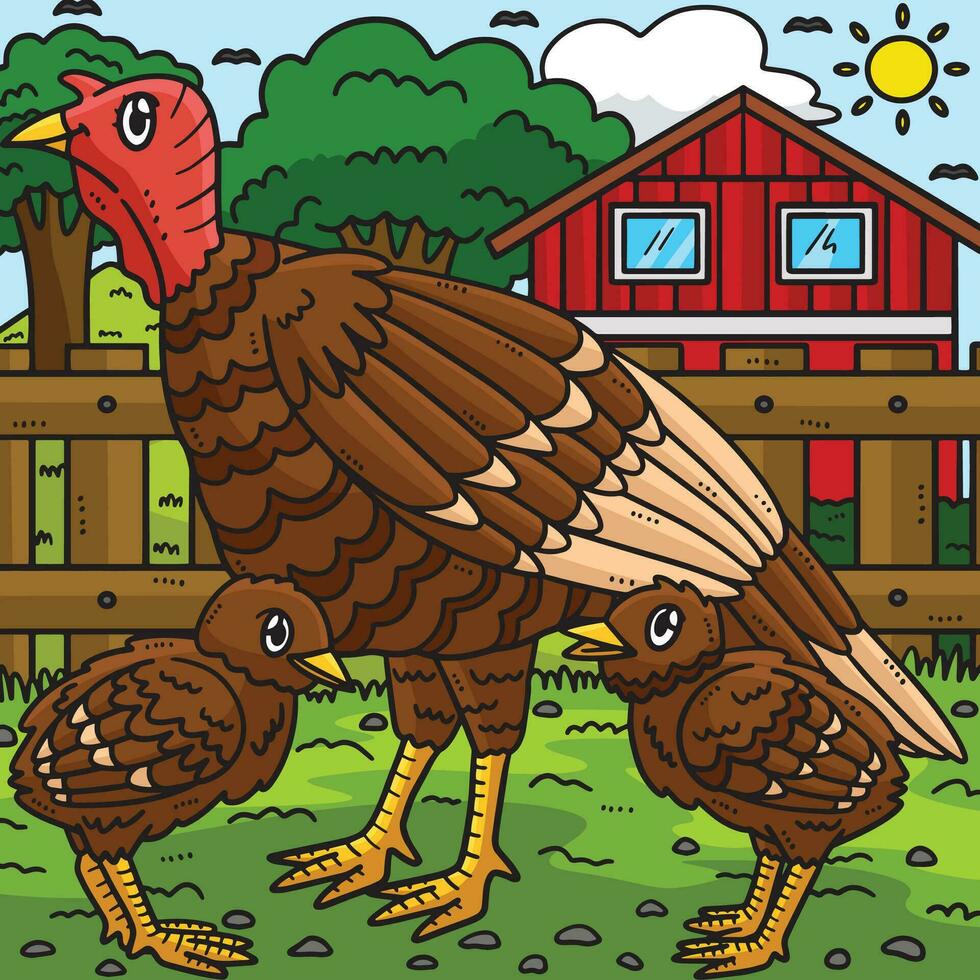 Mother Turkey and Baby Turkey Colored Cartoon vector