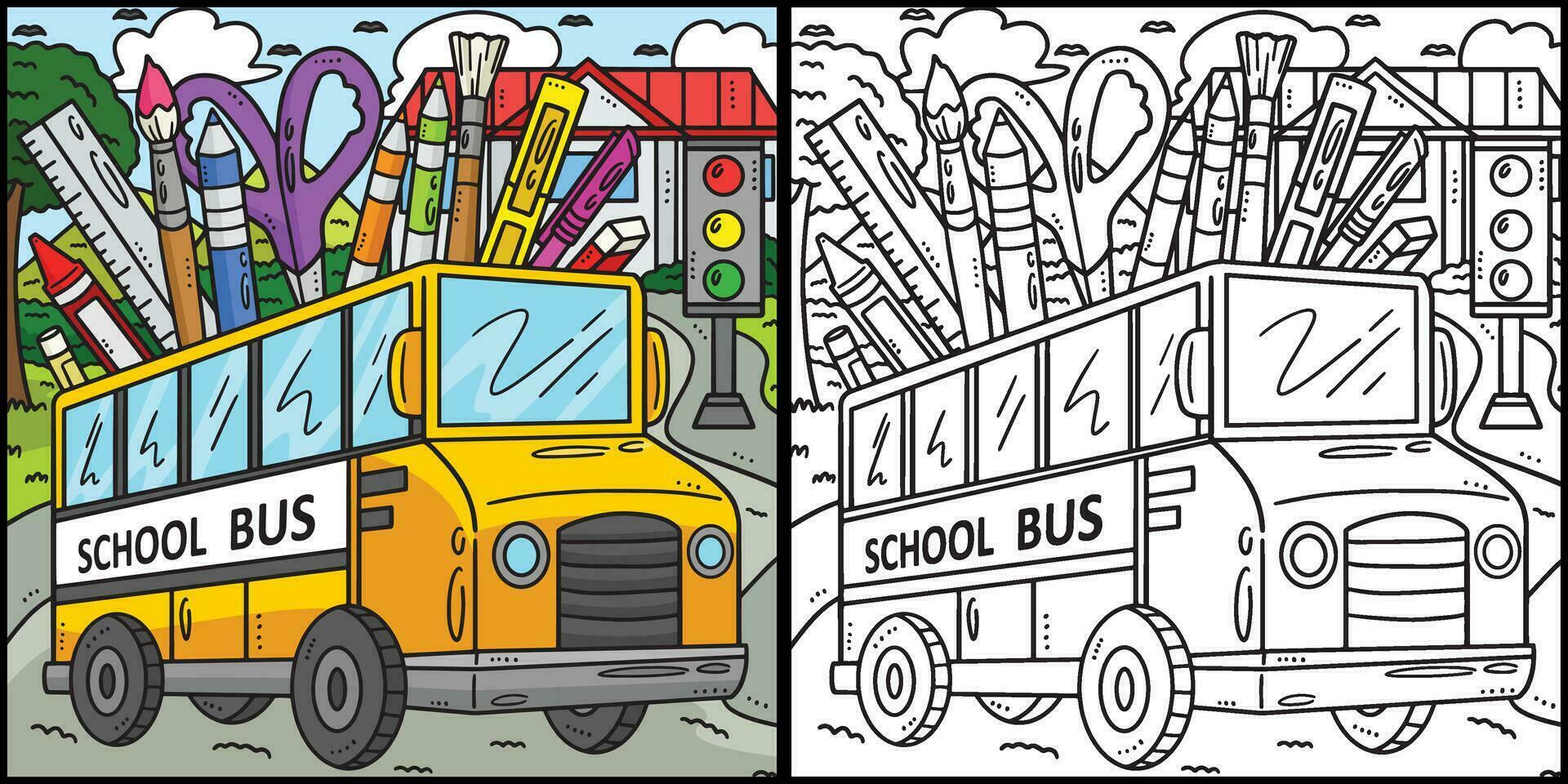 espalda a colegio autobús colorante página ilustración vector