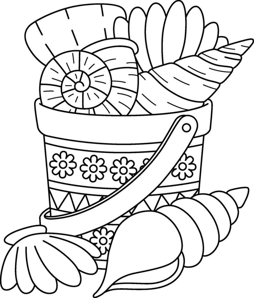 Bucket of Seashells Summer Isolated Coloring Page vector