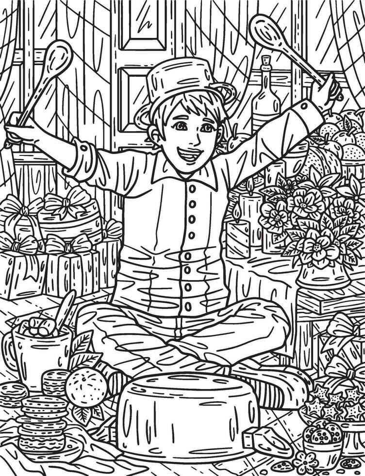 New Year Boy Banging a Pot Adults Coloring Page vector
