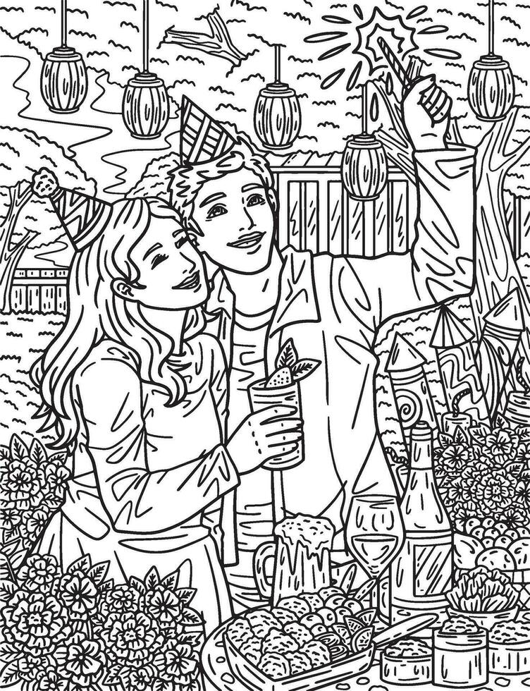 Couple Celebrating New Year Adults Coloring Page vector