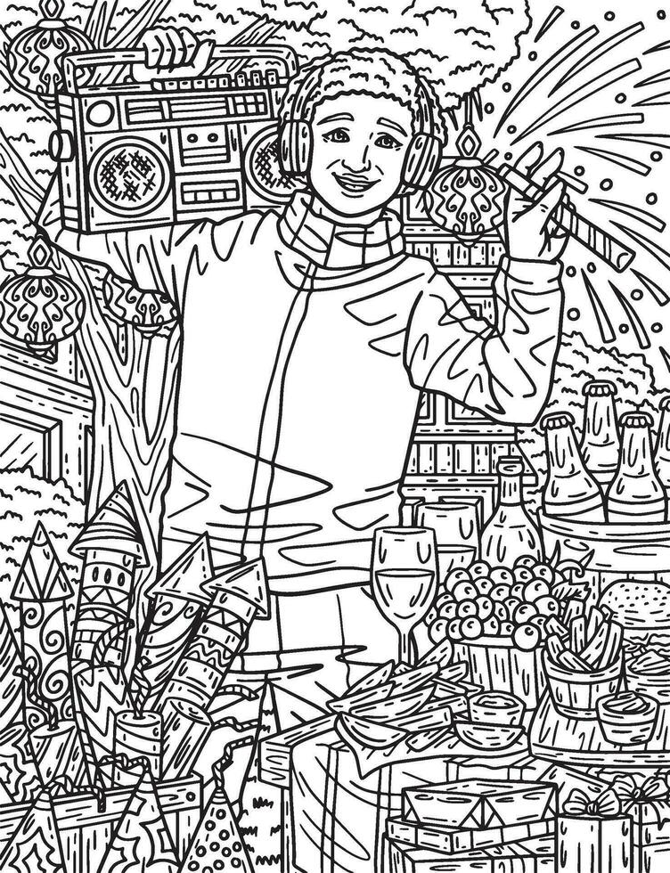 New Year Man Blaring Radio Adults Coloring Page vector