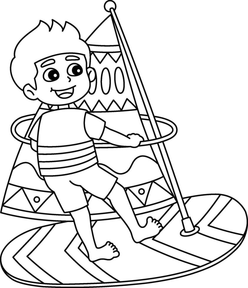 Boy Windsurfing Summer Isolated Coloring Page vector