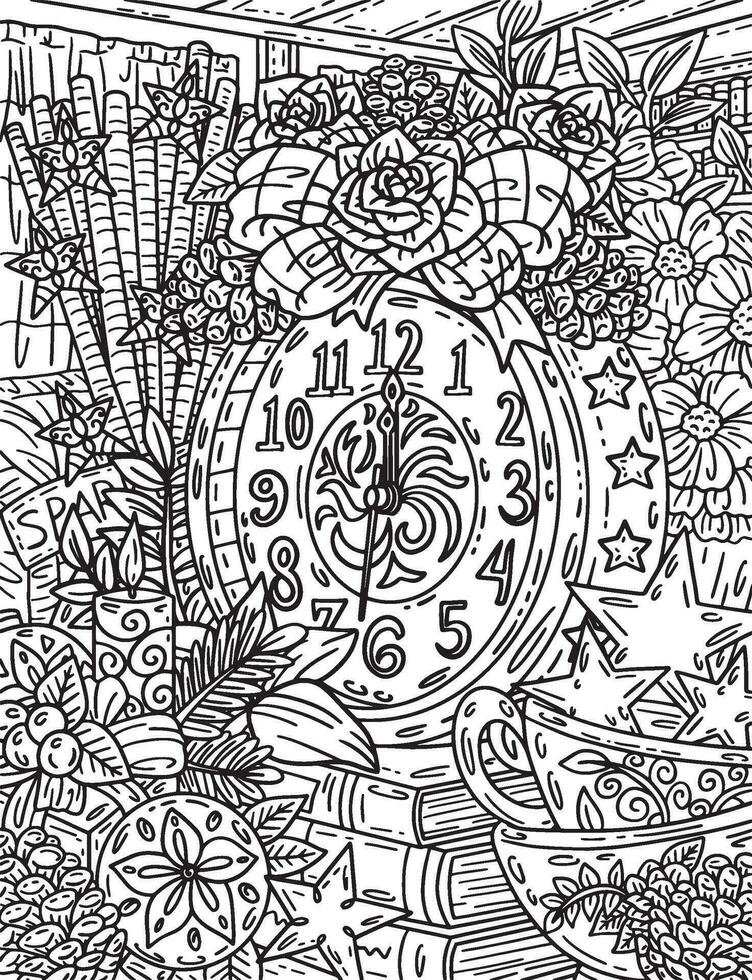 New Year Clock with Decoration Adults Coloring vector