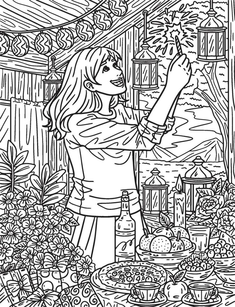 New Year Child Holding Sparkler Adults Coloring vector
