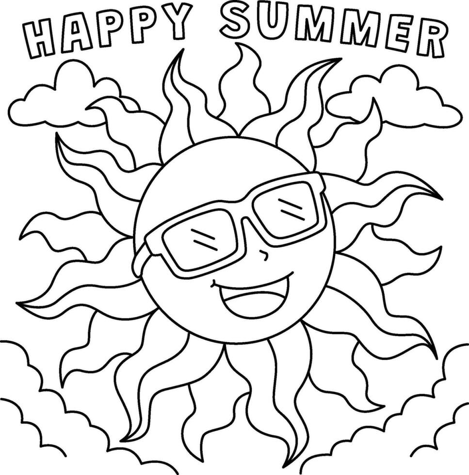 Sun with Happy Summer Coloring Page for Kids vector