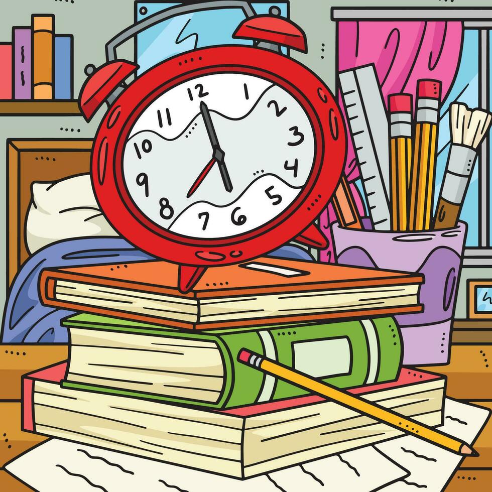 espalda a colegio alarma reloj y libros de colores vector