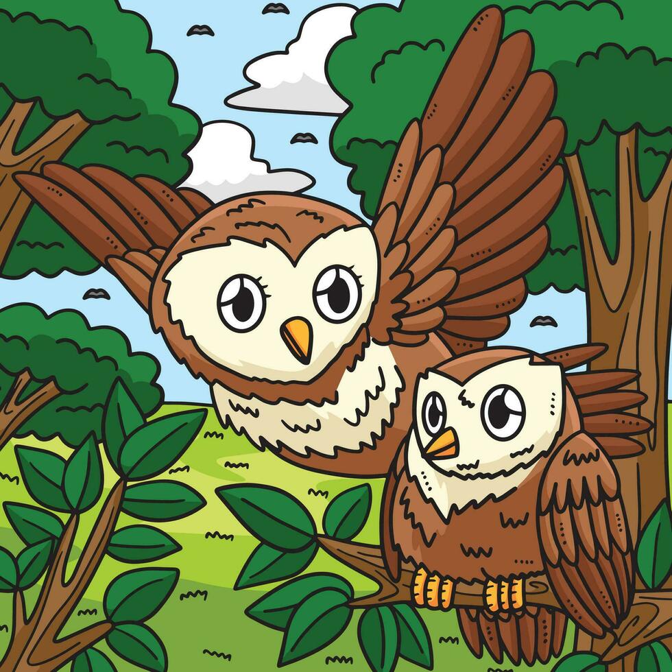 Mother Owl and Baby Owl Colored Cartoon vector