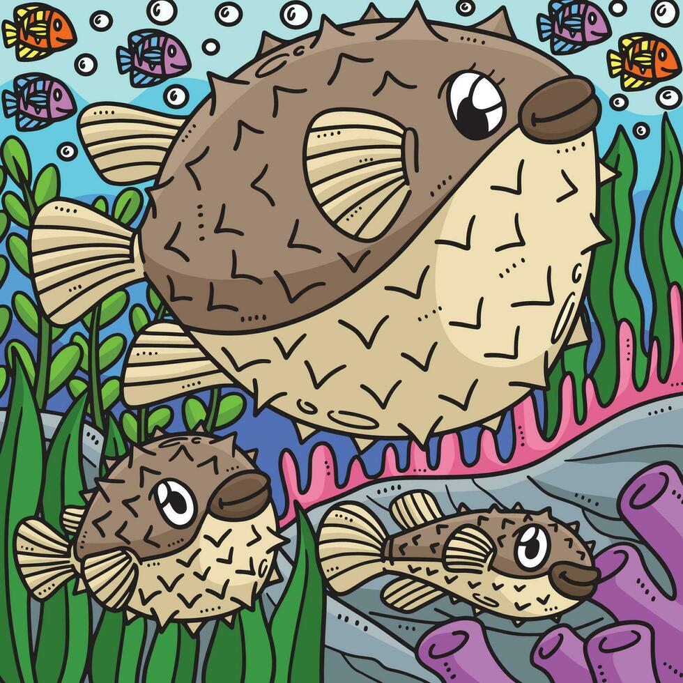 Mother Pufferfish and Baby Pufferfish Colored vector