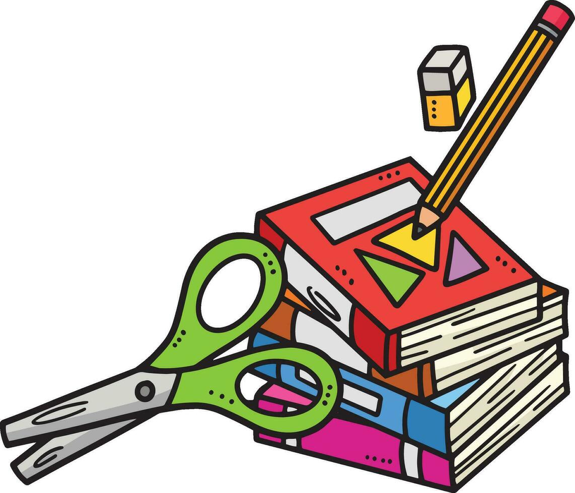 Books, Scissors and Pencil Cartoon Colored Clipart vector