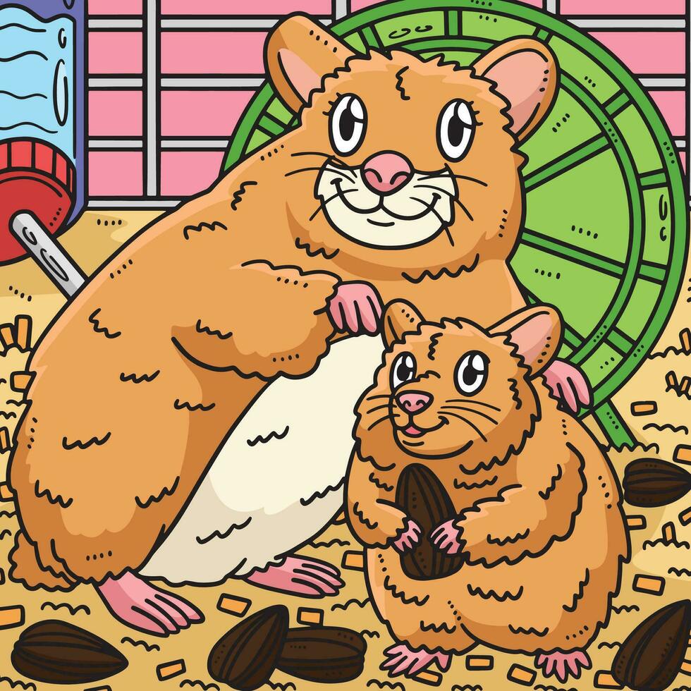 Mother Hamster and Baby Hamster Colored Cartoon vector