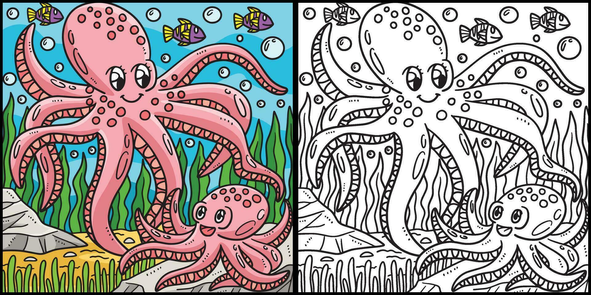 Mother Octopus and Baby Octopus llustration vector