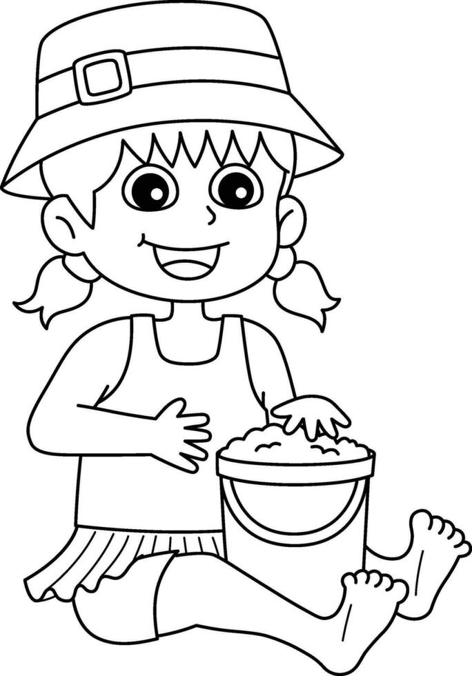 Girl Building Sandcastle Summer Isolated Coloring vector
