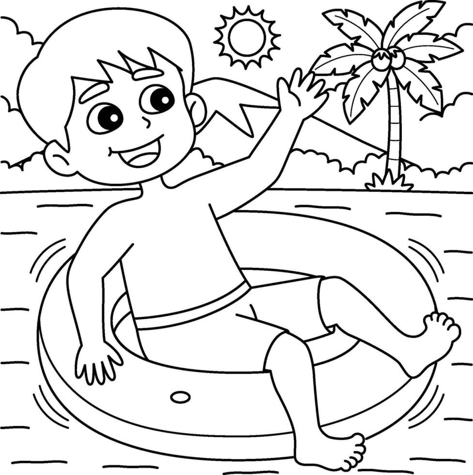 Boy with a Lifebuoy Summer Coloring Page for Kids vector