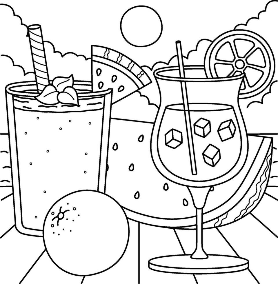 Fruit Shake and Cocktail Summer Coloring Page vector