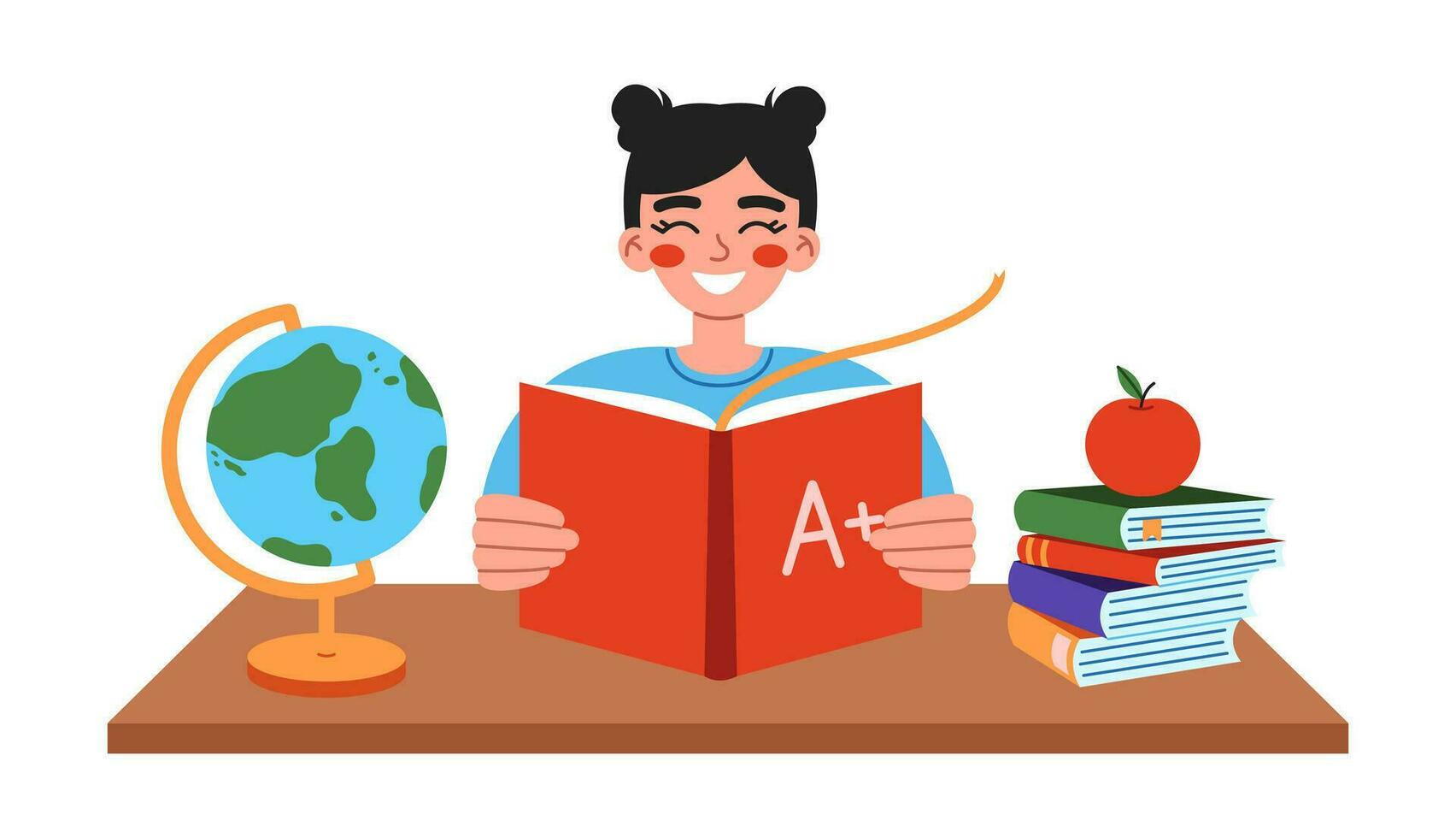 Cute school girl sitting at desk and reading on lesson. Flat vector illustration on white background.