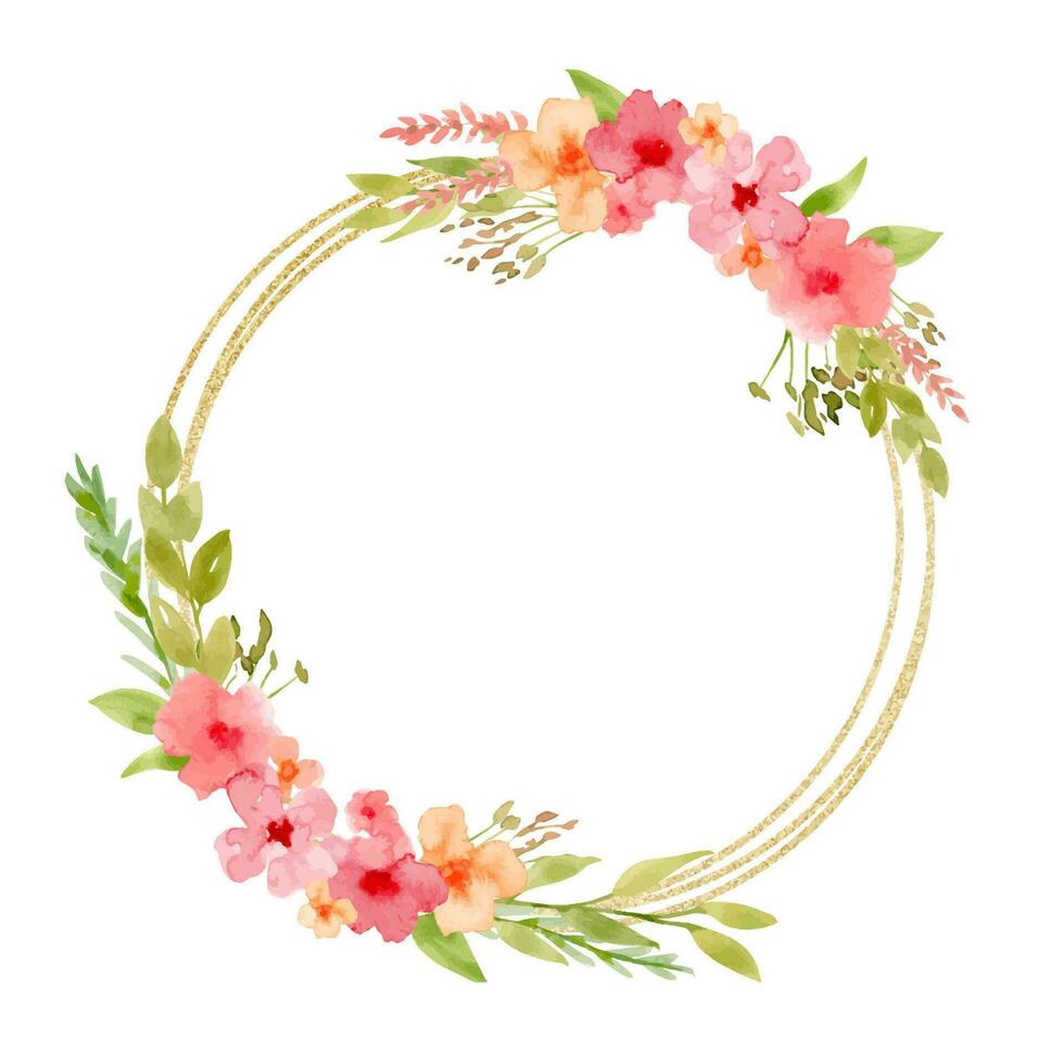 Wreath with red and pink Flowers and golden texture. Hand drawn watercolor illustration of round Frame for wedding invitations or greeting cards. Drawing of floral circular border with green leaves vector