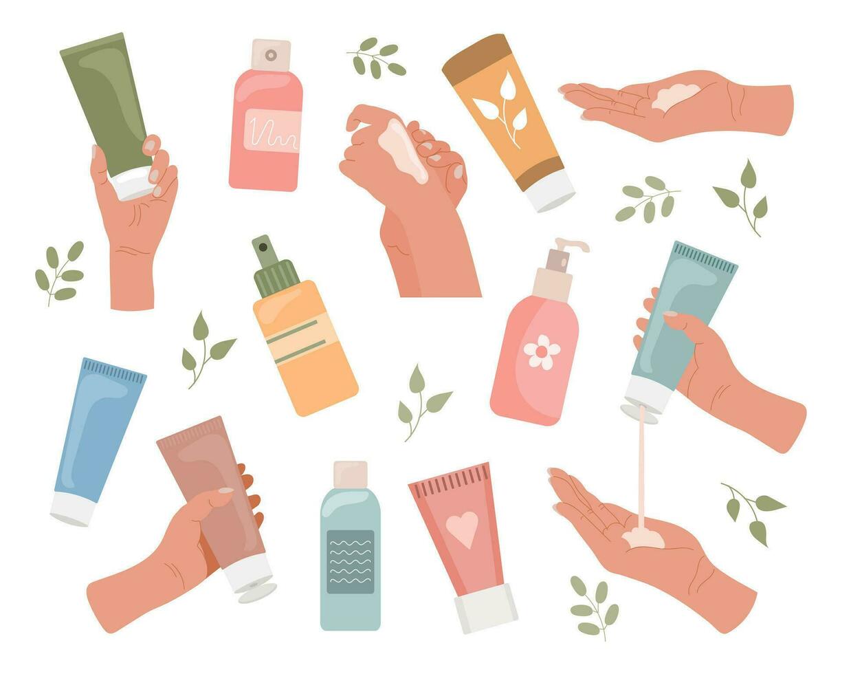 un conjunto de hembra manos aplicar crema desde un tubo. rutina piel cuidado. diario orgánico productos cosméticos. plano ilustración. vector
