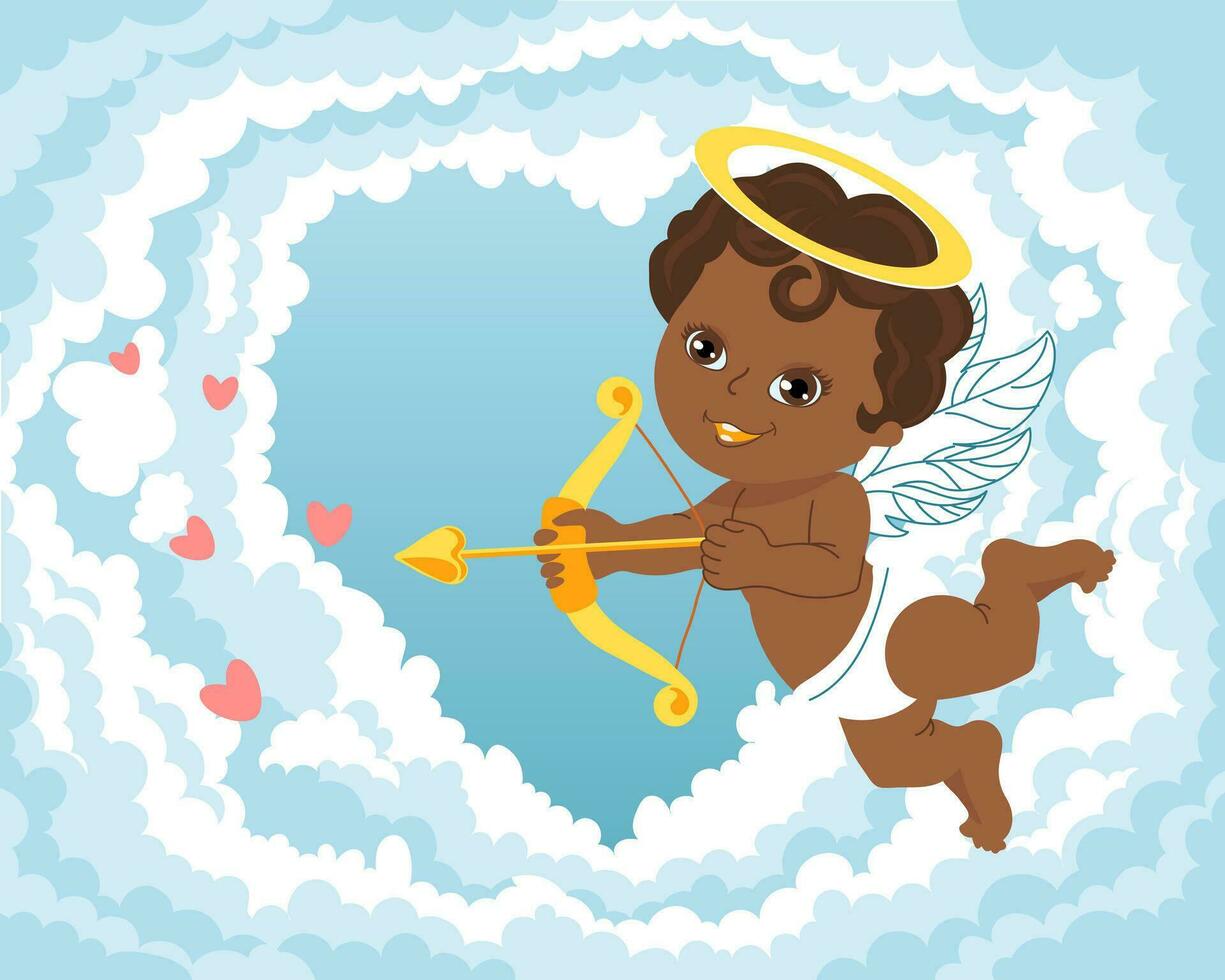 lindo cupido con arco y flecha, ángel bebé con un halo en el cielo con nubes. ilustración, vectorial vector