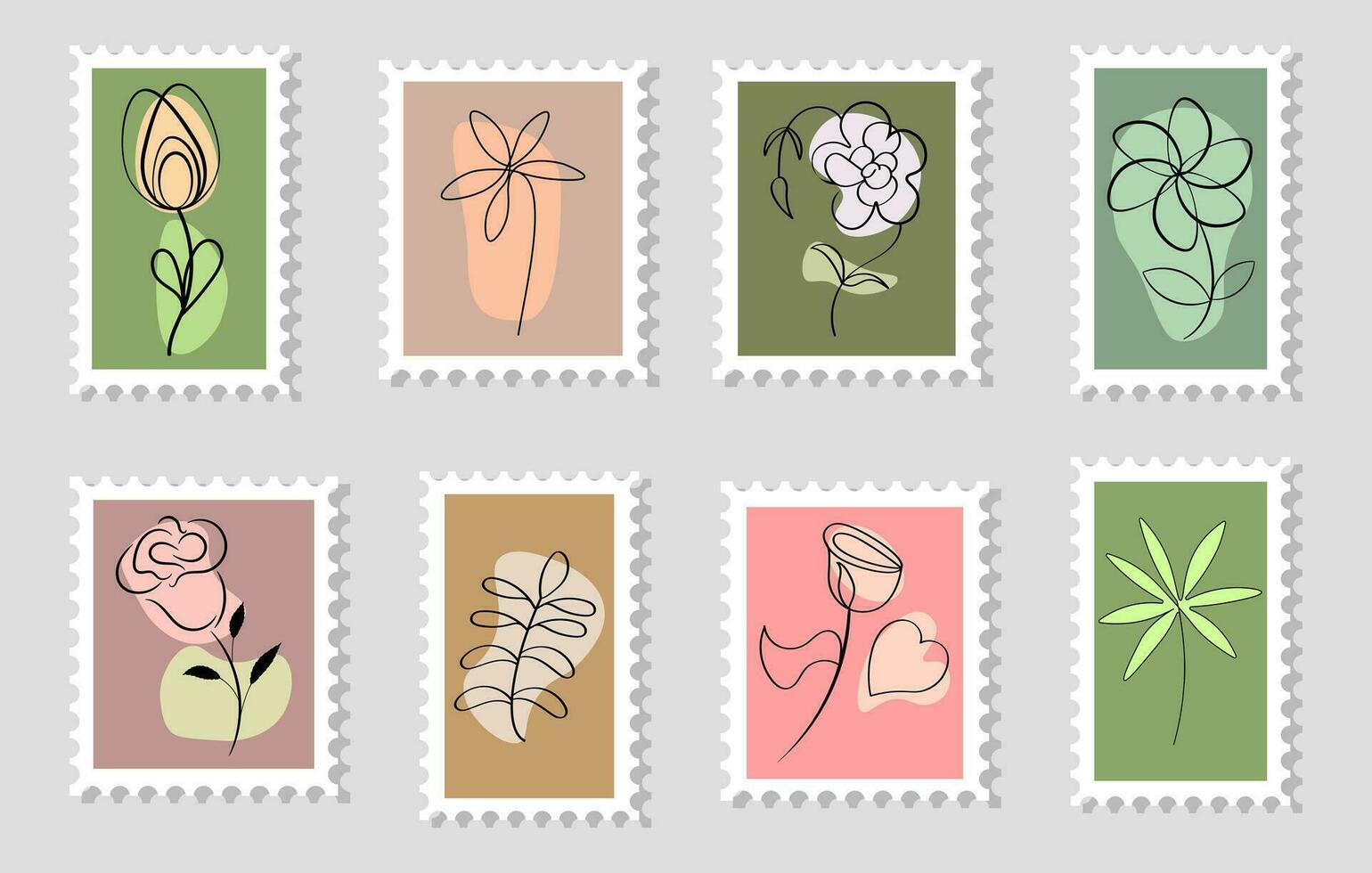 Set of postage stamps with flowers. Stamps with line drawings of flowers. Icons, vector