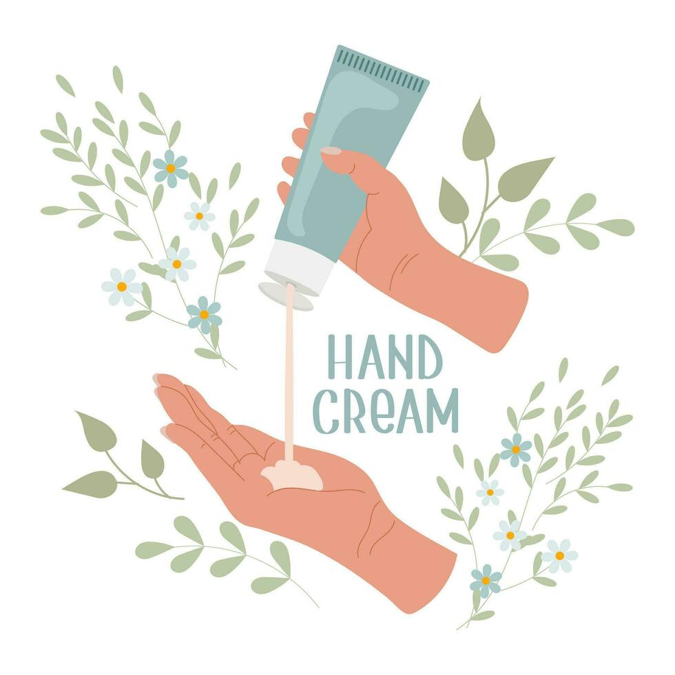 Female hands apply cream from a tube. Hand cream. Routine skin care. Daily organic cosmetics. Flat illustration. Vector