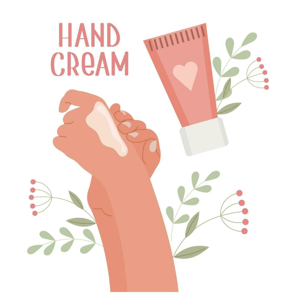 Female hands apply cream from a tube. Hand cream. Routine skin care. Daily organic cosmetics. Flat illustration. Vector