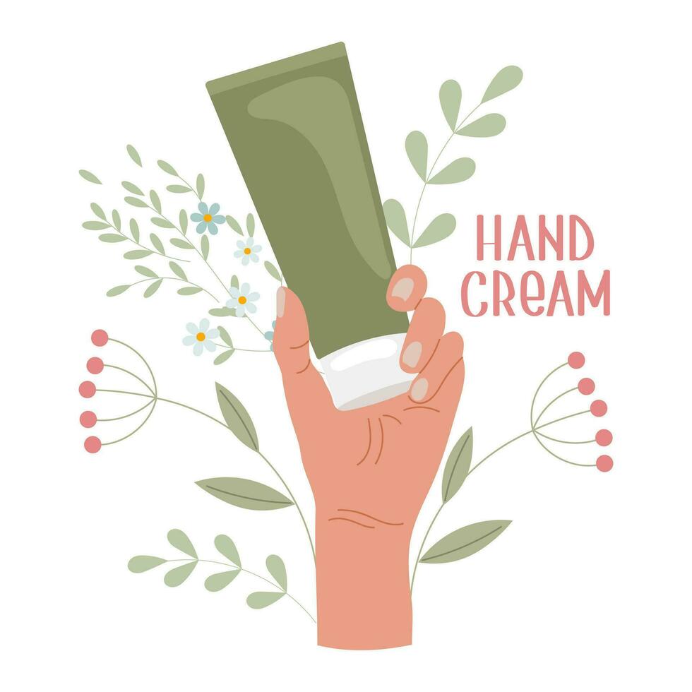 hembra manos aplicar crema desde un tubo. mano crema. rutina piel cuidado. diario orgánico productos cosméticos. plano ilustración. vector