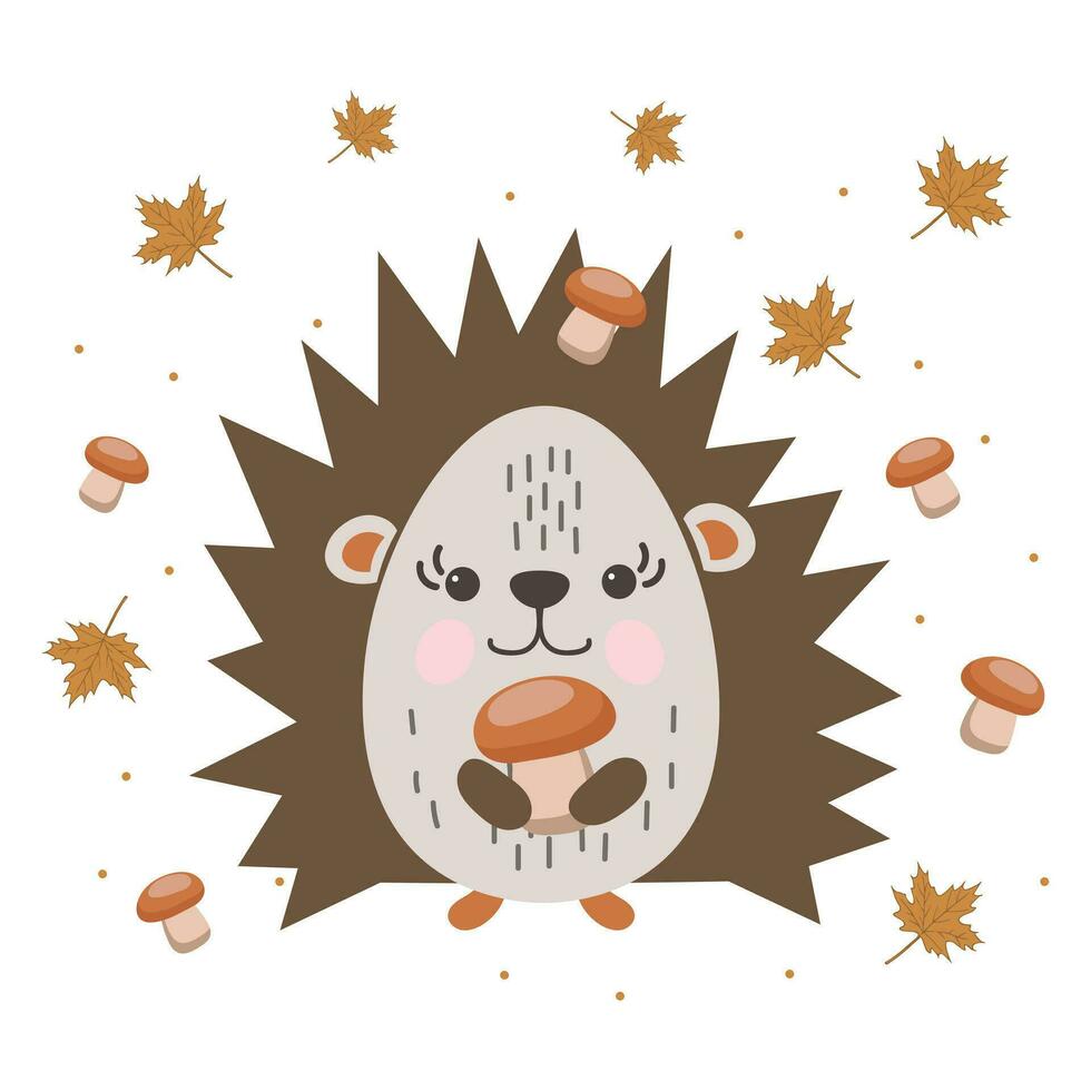 Cute hedgehog in doodle style with mushroom. Print, illustration, vector