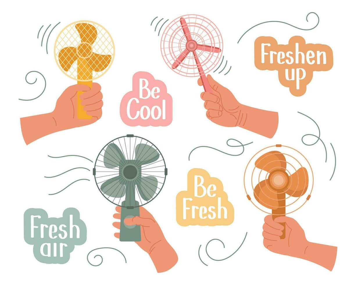 Hands with hand fans in flat style. Modern electric fans of different types and inscriptions. Icons, vector