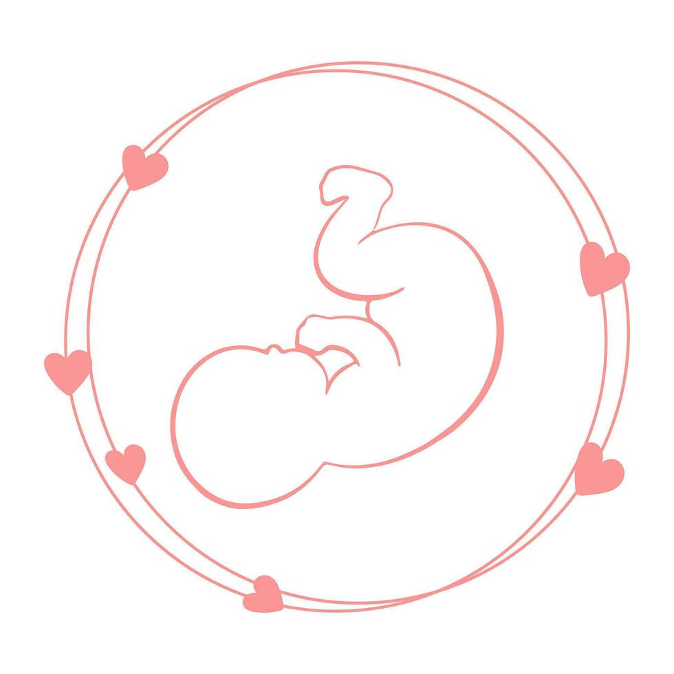 Drawing of a baby in a circle with hearts around it. Newborn baby icon, postcard, vector